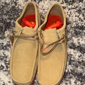 Clarks Men's Beige Suede Wallabee with Orange Accents